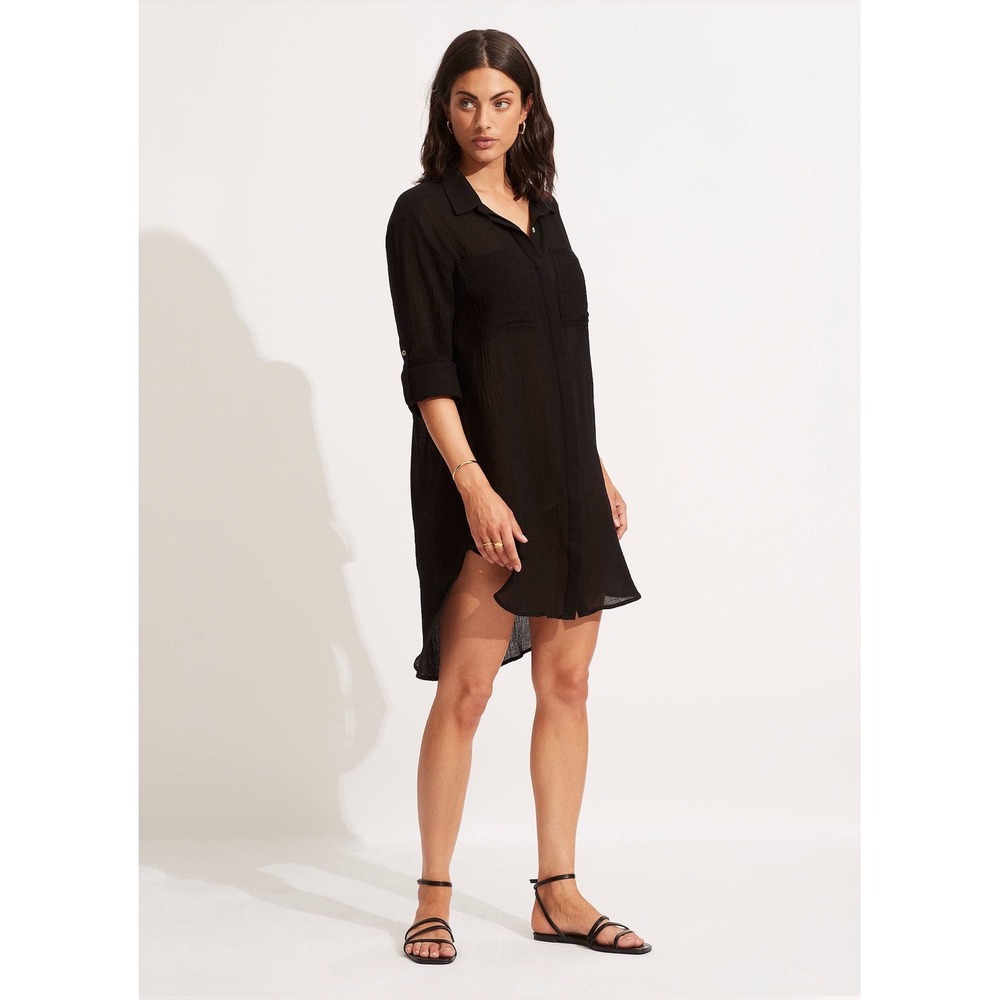 Seafolly Australia‎ Black Crinkle Twill Beach Shirt Tunic Size Small 100% Cotton